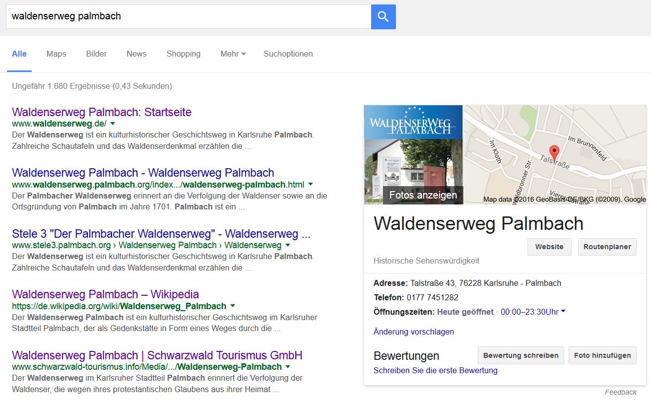 Waldenserweg Palmbach bei Google